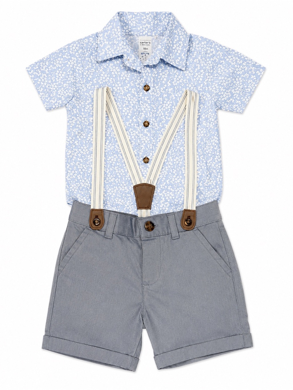 Carter's Light Blue Floral Shirt and Gray Shorts with Cream Striped Suspenders